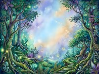 Enchanted forest landscape with towering trees framing a magical clearing, glowing sky with soft purple and golden light, lush vegetation and mystical atmosphere for fantasy art, book illustrations, and creative projects.