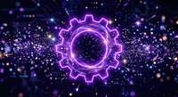 Glowing purple neon gear wheel with digital particles and light effects on dark background for technology and innovation concepts.
