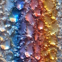 Colorful water drops on glass surface creating abstract rainbow pattern with blue, pink, and golden gradient colors. Macro photography of condensation bubbles.