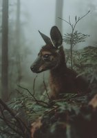 Young kangaroo joey in misty forest setting, surrounded by ferns and branches. Moody atmospheric nature photography with dark green tones and soft lighting.