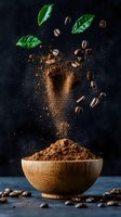 Flying coffee beans and green leaves over wooden bowl with ground coffee powder creating dynamic composition on dark background. Food photography.