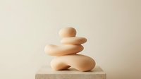 Balanced stack of smooth beige stones arranged in zen meditation tower on wooden surface against neutral background for wellness and mindfulness concepts.