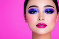 Asian female model wearing bright blue glitter eyeshadow and pink lipstick on vibrant pink background, showcasing glamorous professional makeup artistry for beauty industry.