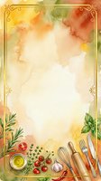 Watercolor culinary frame with fresh vegetables, herbs, cooking utensils, and ornate gold border on warm autumn background. Ideal for recipe cards, menus, cooking blogs, and food-related designs.