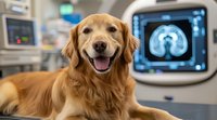 Happy Golden Retriever lying on examination table at veterinary clinic with medical monitor displaying CT scan in background, representing pet healthcare.