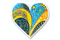 Decorative heart shape with blue and yellow folk art pattern featuring swirls, clouds and floral elements. Isolated design on white background for creative projects.