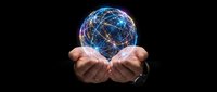 Hands holding glowing digital globe with blue and gold network connections on black background, representing global technology, connectivity, and worldwide business communication.