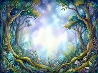 Enchanted forest clearing with glowing moonlight, ancient trees framing magical woodland scene with luminous plants and starry night sky overhead.