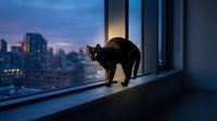 Black cat standing on windowsill overlooking illuminated city skyline at dusk, urban apartment setting with floor-to-ceiling windows and evening sky.