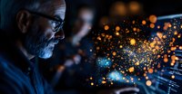 Mature bearded man in glasses illuminated by glowing digital particles and bokeh lights, working on advanced technology in dark environment. Futuristic concept.