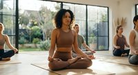 Young mixed-race woman leading meditation class in bright studio with diverse group practicing mindfulness and yoga poses on mats near large windows.