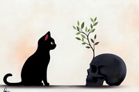 Black cat sitting beside dark skull with green plant growing from top on neutral background for creative design projects.