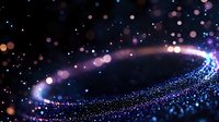 Magical glowing particles and light trail forming spiral shape against dark background with bokeh effect and sparkles in blue and purple colors.