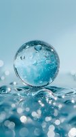 Clear glass sphere with air bubbles resting on rippling water surface against soft blue background, creating tranquil aquatic scene.