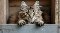 Curious Maine Coon cat with striking blue eyes and fluffy ears peeks over wooden ledge, paws stretched forward in playful pose against blurred background.