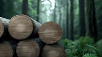 Stack of fresh cut wooden logs in misty green forest with ferns and pine trees in soft focus background, natural resource harvesting concept.