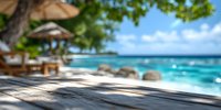Blurred tropical beach background with wooden deck in foreground, turquoise ocean water and palm trees creating natural shadow patterns for summer vacation concept.