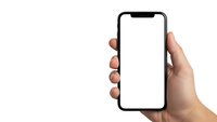 Hand holding modern smartphone with blank white screen isolated on white background for mockup and app presentation purposes.