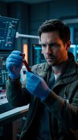 Male scientist or laboratory technician with dark hair and facial hair, Caucasian ethnicity, examining blood sample in high-tech research facility with digital displays and monitoring equipment in background.
