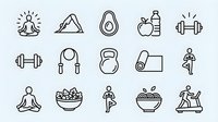 Fitness wellness lifestyle line icons set featuring yoga meditation exercise equipment healthy food nutrition symbols for health apps websites.