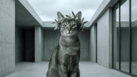 Tabby cat wearing a crown of leaves sitting in modern concrete corridor with minimalist architecture and natural light.