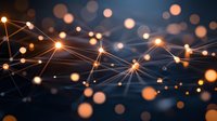 Abstract network of glowing orange connection points with linking lines against dark background, creating modern technological pattern with bokeh light effects.