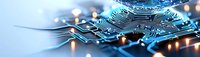 Futuristic circuit board with glowing blue holographic projection, showcasing advanced technology and digital innovation for computing and electronics industry.