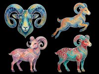 Four ornate ram clipart illustrations with swirl patterns, isolated on transparent background. Great for zodiac, t-shirt design, stickers, and print on demand.