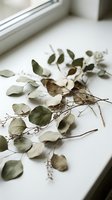 Dried eucalyptus branches with aged leaves scattered on white surface near window, suitable for botanical styling and home decor projects.