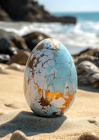 Decorative marble-textured egg in light blue and gold colors placed on sandy beach with ocean waves and rocks in background, natural lighting effect.