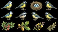 Blue tit birds in various poses with nest and eggs, plus botanical foliage elements. Isolated on transparent background, ready for t-shirt design, clipart, stickers, print-on-demand products, and sublimation projects.