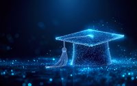 Digital graduation cap with tassel glowing in blue neon light style against dark background with sparkles and polygon mesh network effect.
