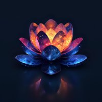 Cosmic lotus flower with galaxy-inspired petals in vibrant orange, pink, and blue colors glowing against dark background with reflection.