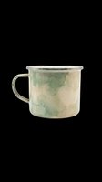 Vintage enamel camping mug with watercolor green and cream finish, isolated on transparent background. Ready for t-shirt designs, stickers, clipart, and print-on-demand products.