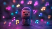 Cute cartoon microphone character with happy expression surrounded by glowing musical notes on purple background. Fun karaoke and music concept.