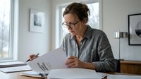 Middle-aged Caucasian woman with glasses reading documents at home office desk, reviewing paperwork in bright modern workspace for business planning.