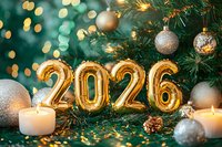 Gold foil number balloons 2026 with burning candles, silver baubles and pine cone on green background with bokeh lights for festive celebration.