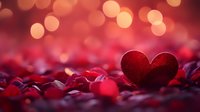 Red velvet heart on romantic blurred background with bokeh lights and scattered decorative elements creating dreamy Valentine's Day atmosphere.