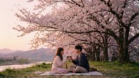 Young Asian couple enjoying romantic picnic under blooming cherry blossom trees at sunset with mountain lake view for spring romance lifestyle content.