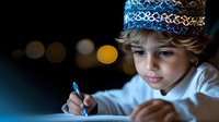 Young boy in decorative hat writing with blue pen at night, illuminated by soft light against dark background with bokeh effect.