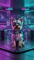 Yorkshire terrier dog wearing VR headset in futuristic cyberpunk laboratory with neon purple and cyan lighting, holographic displays and advanced technology interfaces.