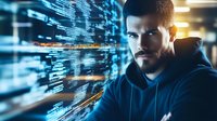 Caucasian male programmer in hoodie analyzing digital data streams and code projections in dark office environment with blue technology visualization effects.