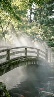Wooden bridge over tranquil pond with koi fish in misty forest setting with dappled sunlight filtering through green canopy creating peaceful atmosphere.