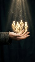 Glowing human figures floating above open palm with magical light rays and sparkles for spiritual and teamwork concepts.
