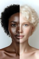 Creative split portrait showing contrast between dark and light skin tones, natural afro hair and blonde waves, highlighting diversity and beauty in modern fashion.