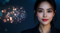 Young Asian businesswoman with glowing network connections and digital bokeh lights representing technology, innovation and future business concepts.