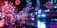 Futuristic night city street with glowing virus particles floating in air, car silhouette on wet asphalt reflecting neon lights and bokeh effects in purple tones.