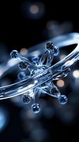 Crystal clear water splash with droplets frozen in motion creating dynamic liquid sculpture against dark background with bokeh lights.