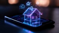 Glowing holographic house icons floating above smartphone screen with futuristic blue light effects and sparkles on dark background, smart home technology concept.