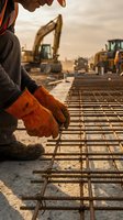 Construction worker in orange safety gloves arranging steel reinforcement bars on job site with excavators and heavy machinery in background for infrastructure development.